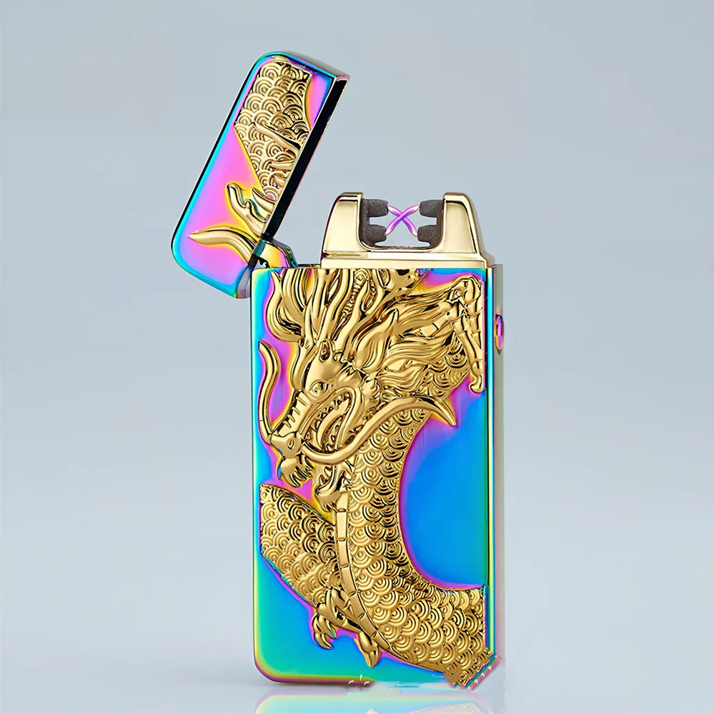 USB charging windproof metal lighter in Ice Golden Dragon design, 73.5x35x13mm compact size for reliable flame