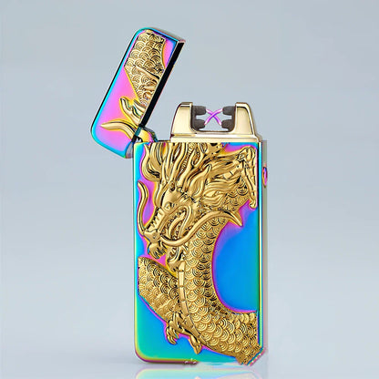 USB charging windproof metal lighter in Ice Golden Dragon design, 73.5x35x13mm compact size for reliable flame