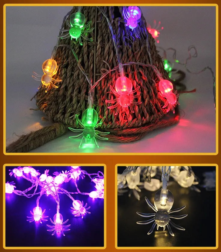 Halloween LED string lights with bat, ghost, and pumpkin pendants on a 1.2 metre white cable.