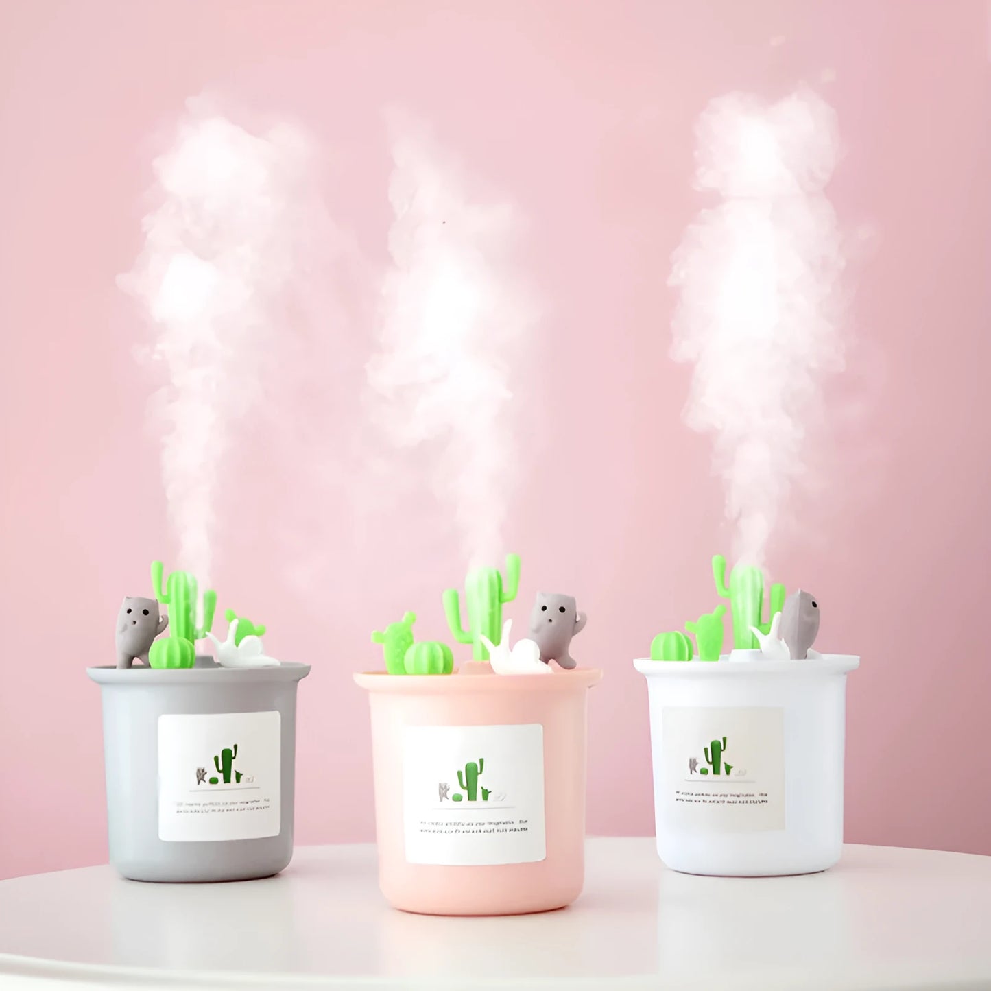 Vase-shaped pet humidifier in pink, grey, or white with 1L water tank and mechanical controls