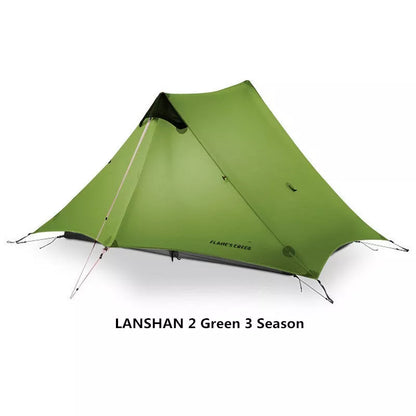 Silicon-coated poleless tent in camouflage green, featuring rainproof design and lightweight aluminum poles