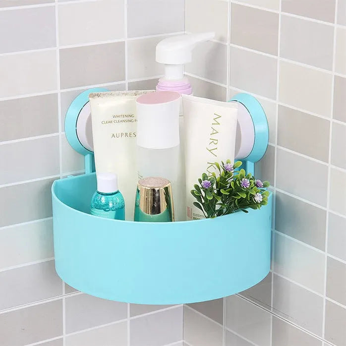 Bathroom corner shelf in blue, green, rose or white, triangle shape, double suckers, drainage holes, 7.5 x 14.5 x 14.5 cm