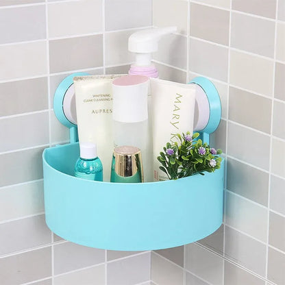 Bathroom corner shelf in blue, green, rose or white, triangle shape, double suckers, drainage holes, 7.5 x 14.5 x 14.5 cm