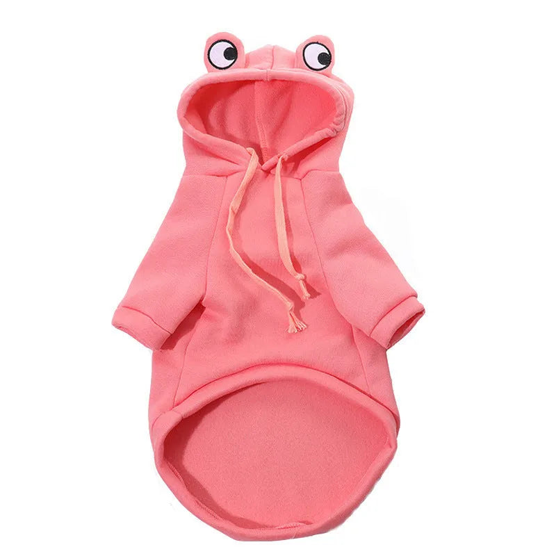 Green frog costume hoodie on small dog showing hood and four-leg design