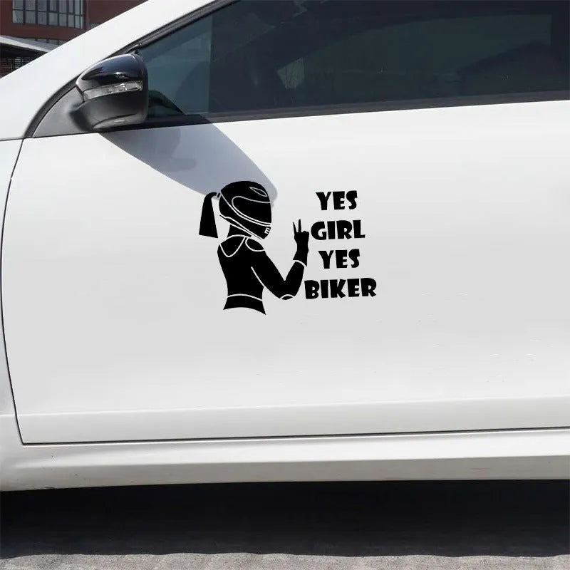 Cool Girl Rider waterproof car sticker measuring 16cm by 15cm in black, white, and laser colour options