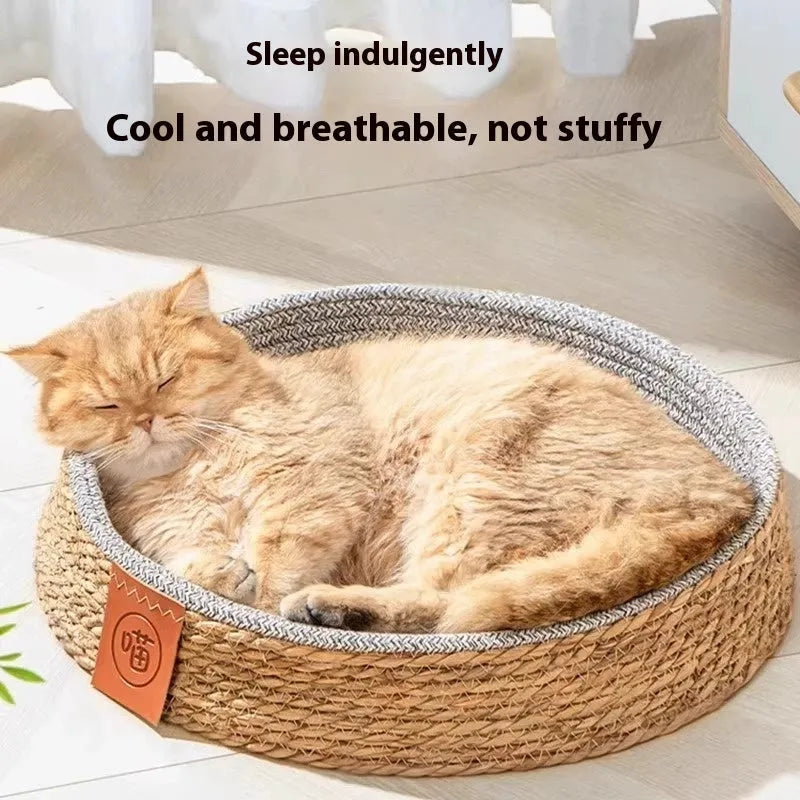 Rattan cat nest bed cage showing woven construction and elevated design for feline sleeping comfort