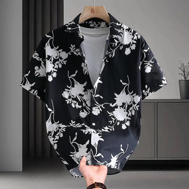 Men's Hawaiian floral print short sleeve cotton shirt in cardigan style