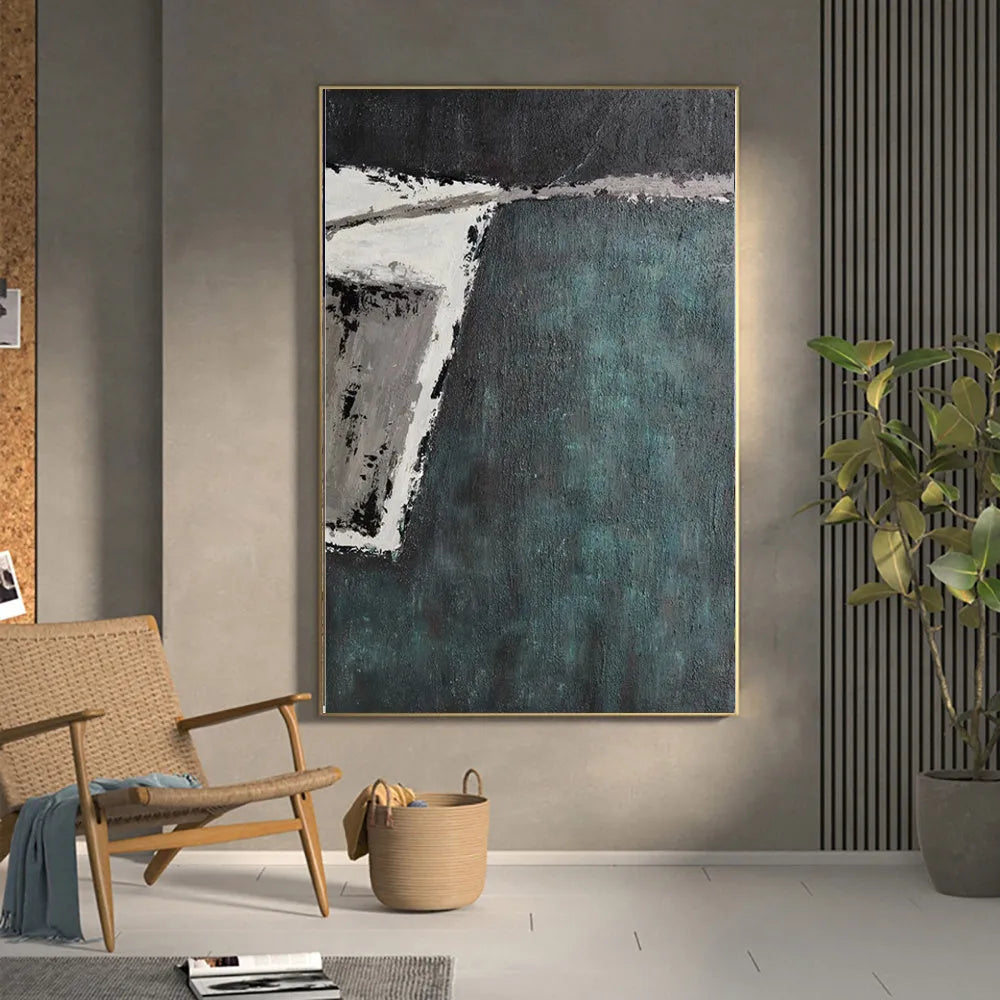 Large handmade abstract oil painting with retro green texture on vertical one-panel canvas, no frame, for living room or bedroom wall art