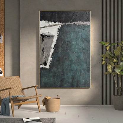 Large handmade abstract oil painting with retro green texture on vertical one-panel canvas, no frame, for living room or bedroom wall art