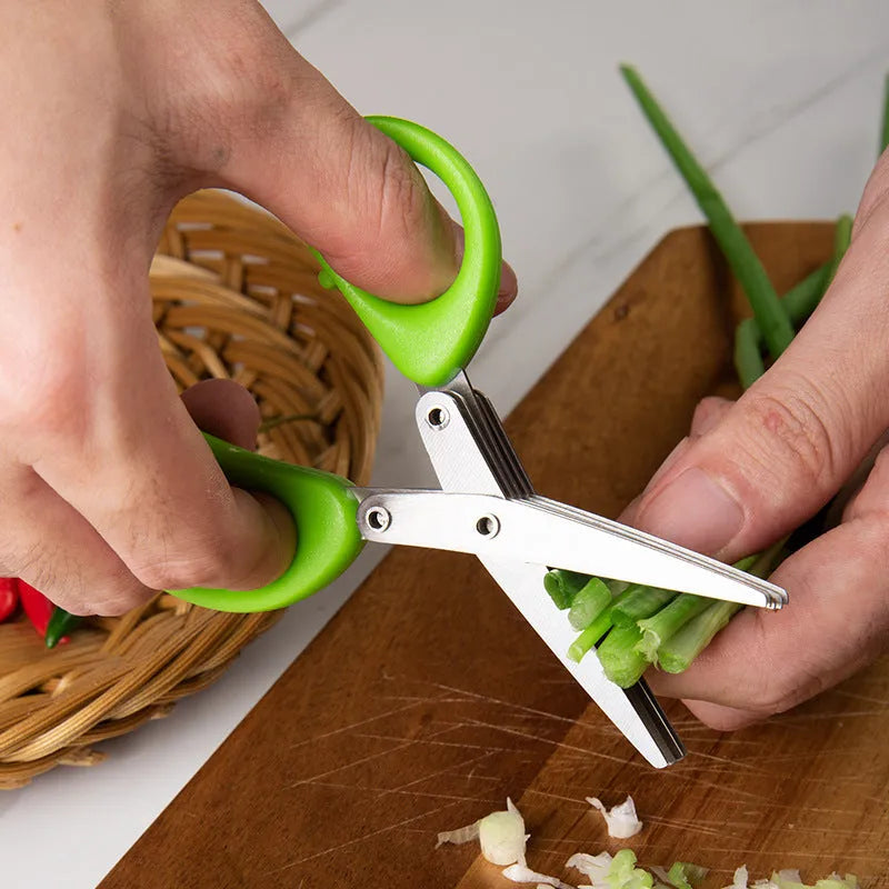 Stainless steel kitchen scissors with five parallel blades for cutting green onions and herbs