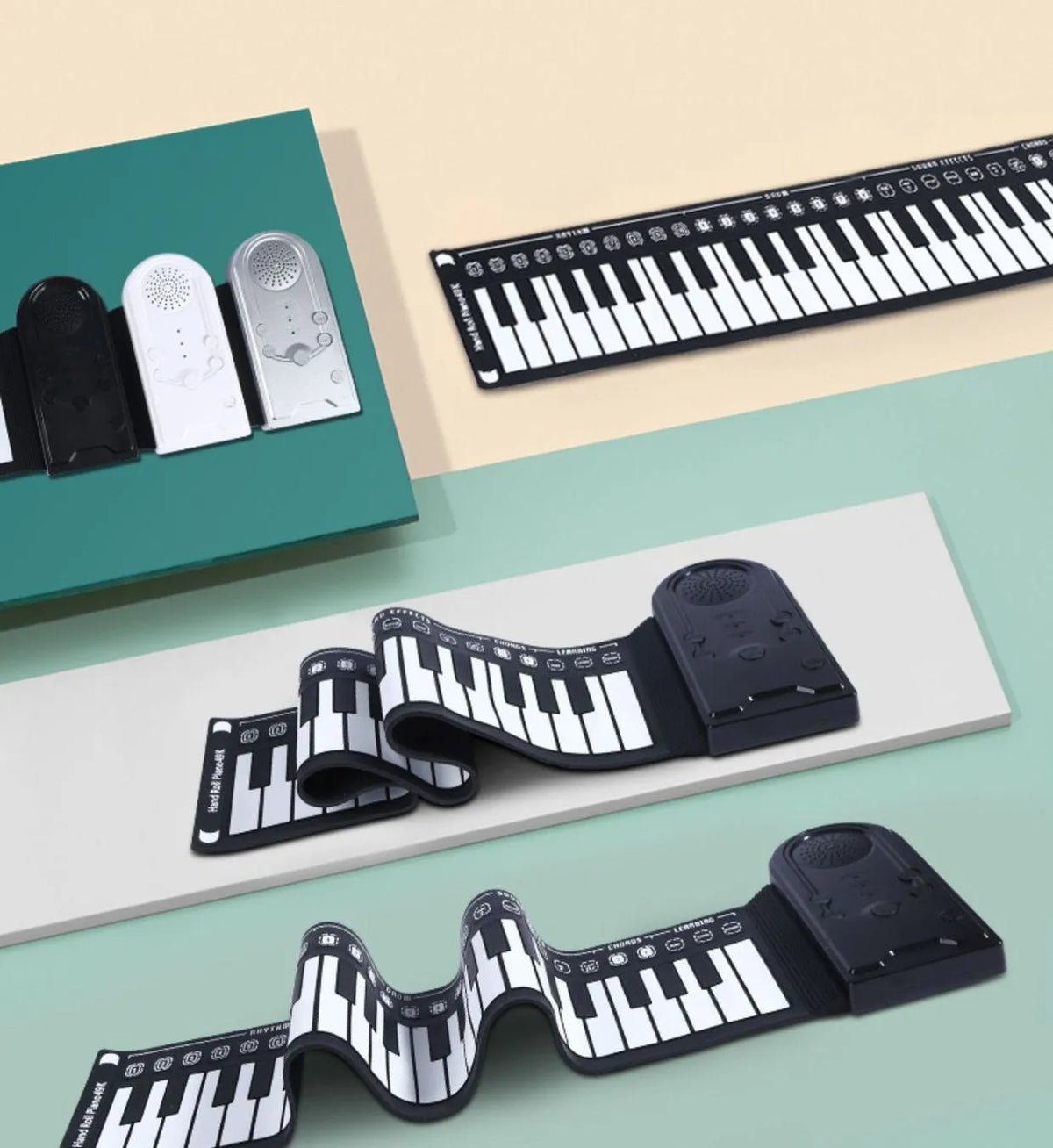 49-key portable folding electronic keyboard in gloss black, showing hand-roll design and compact 28cm size
