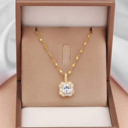 Women's gold titanium steel clavicle chain with quadrilateral zircon-inlaid geometric pendant on water wave chain