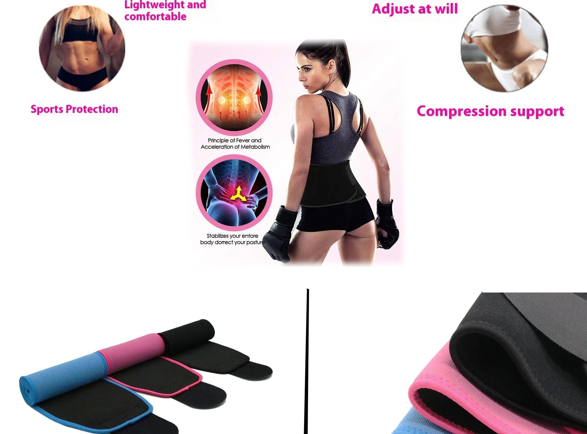 Adjustable neoprene lumbar support belt for fitness and running in black colour option