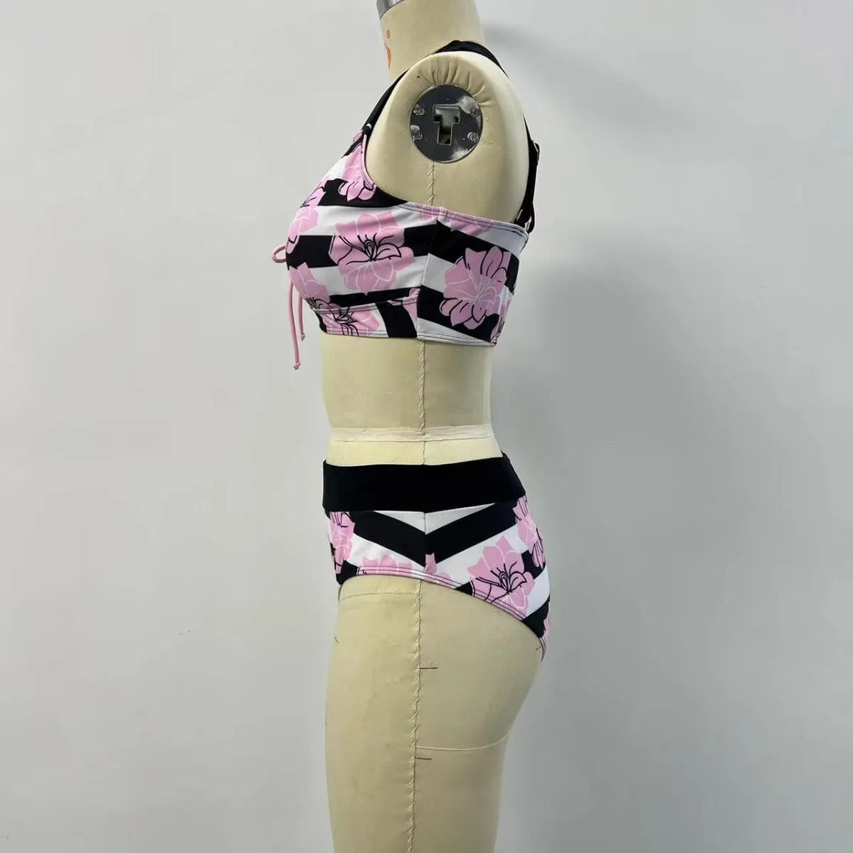 Black women's printed bikini with belly covered slimming design for swimming
