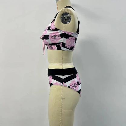 Black women's printed bikini with belly covered slimming design for swimming