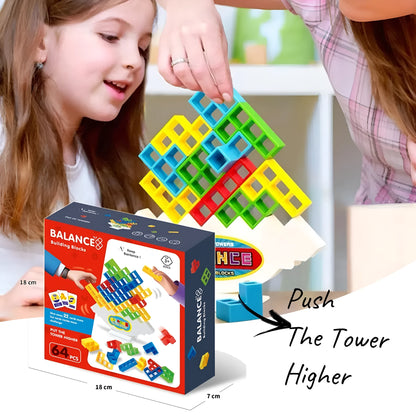 Plastic balance stacking game with 16 colourful blocks, chassis, and base for kids and adults