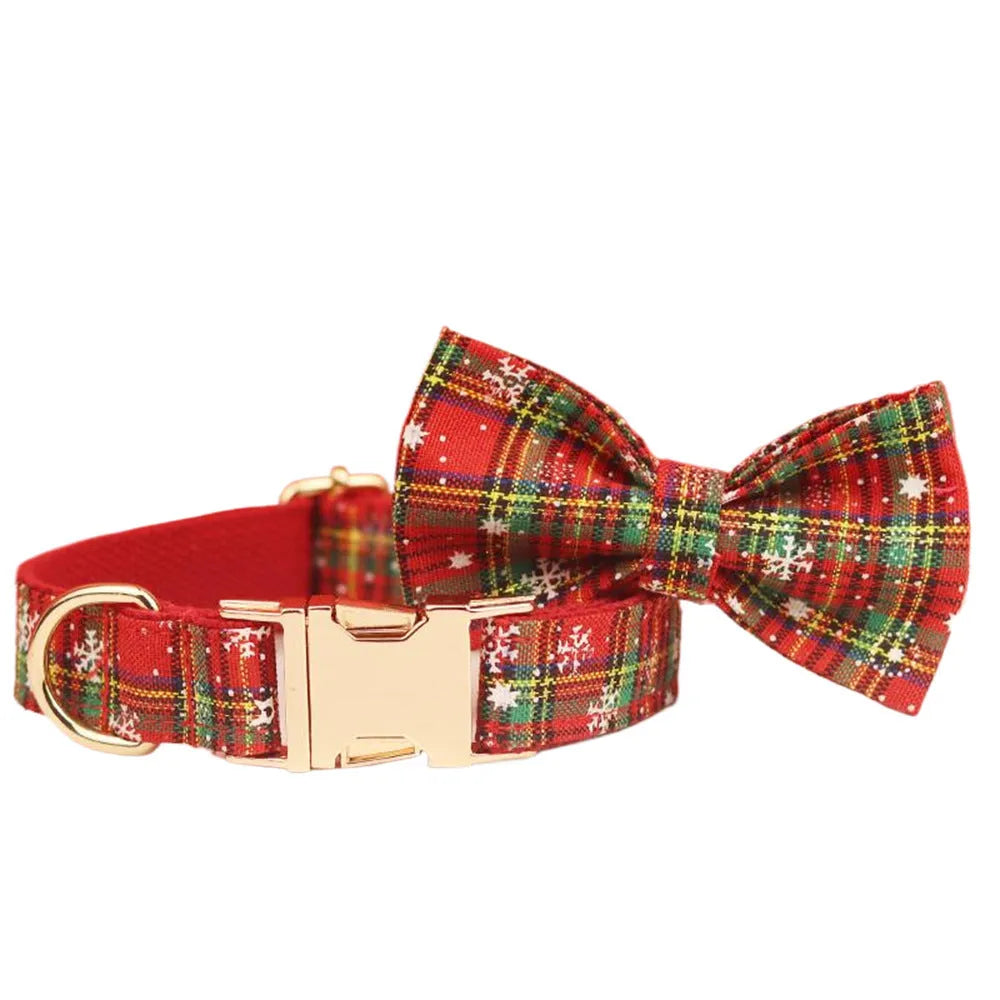 Red Christmas snowflake plaid pattern dog collar and leash set with matching vest and bow tie