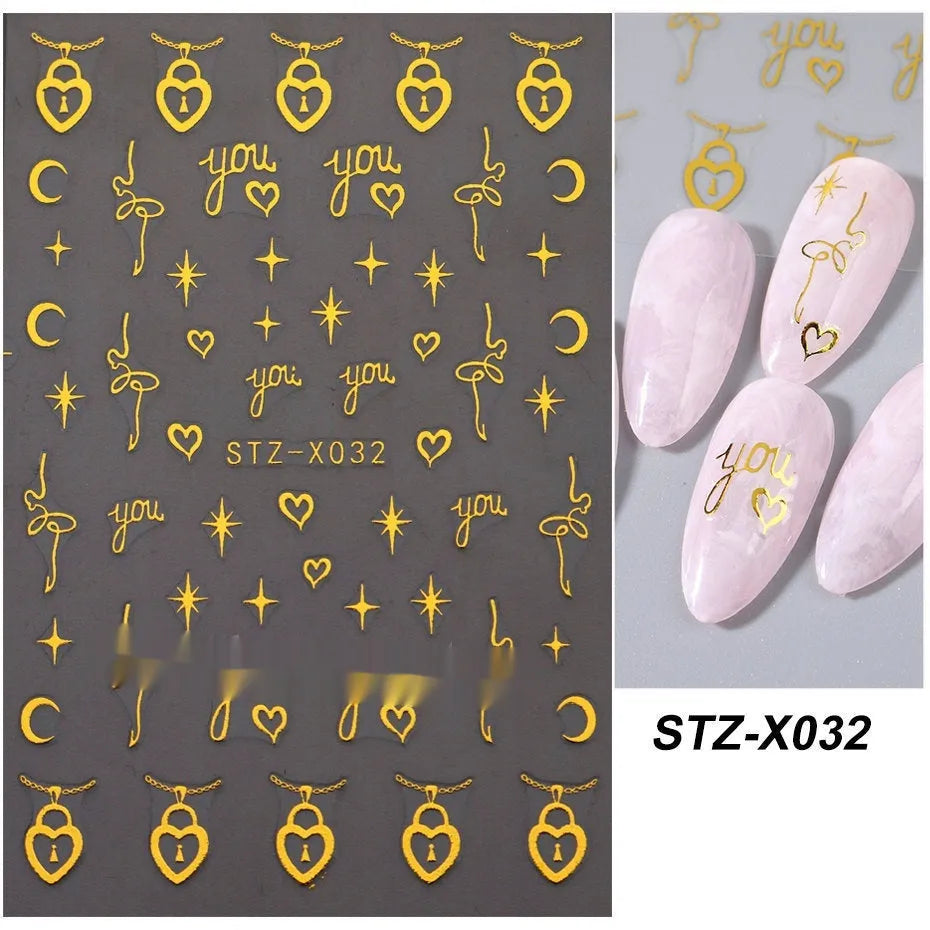 Assortment of black and silver nail sticker designs including cartoon and French tip patterns on a plastic sheet.
