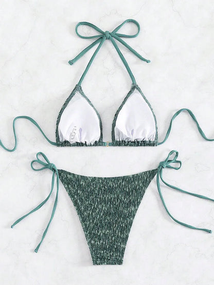 Women's green backless halter strap bikini set showing front and back views