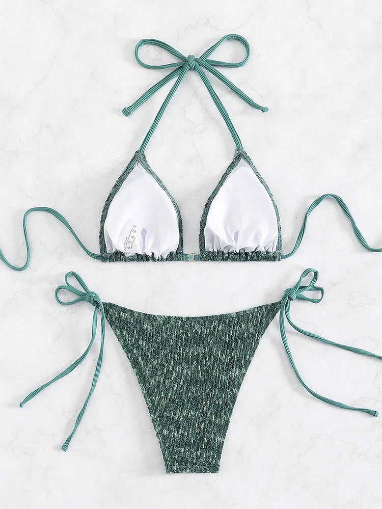 Swimsuit women's three-point halter strap backless bikini set in polyester fabric, available in green or pink with Asian size fit guide XS, S, M, L for adult female beachwear and poolside wear