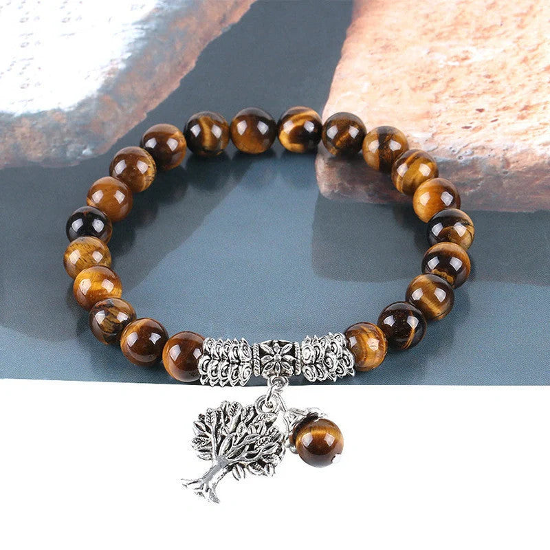 Elegant Tree of Life bracelet with genuine tiger's eye stone and ancient silver plating