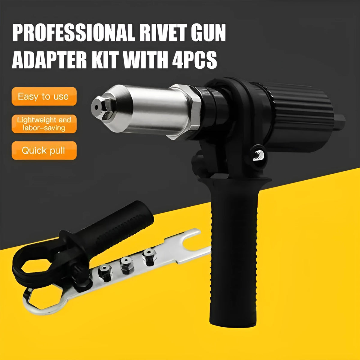 Alloy steel electric drill rivet gun adapter kit with four rivet heads and a wrench.