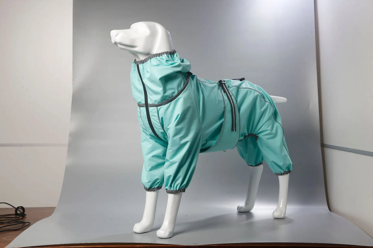 Red polyester dog shell jacket with cotton padding shown on a dog, with sports style design