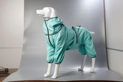 Red polyester dog shell jacket with cotton padding shown on a dog, with sports style design