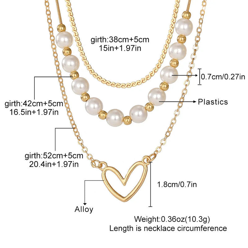 Vintage love heart pearl gold necklace with electroplated alloy pendant and adjustable pearl chain, double-style heart-shaped jewellery available in three colour options