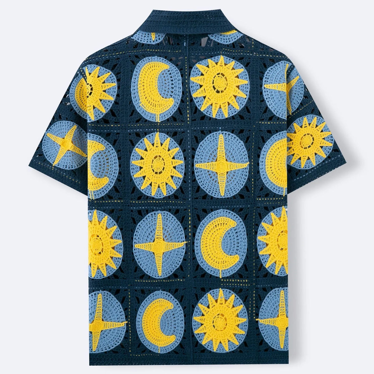 Navy blue men's cardigan with cartoon pattern flocking and short sleeves for summer