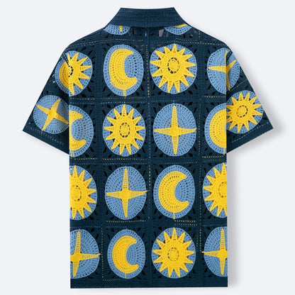 Navy blue men's cardigan with cartoon pattern flocking and short sleeves for summer