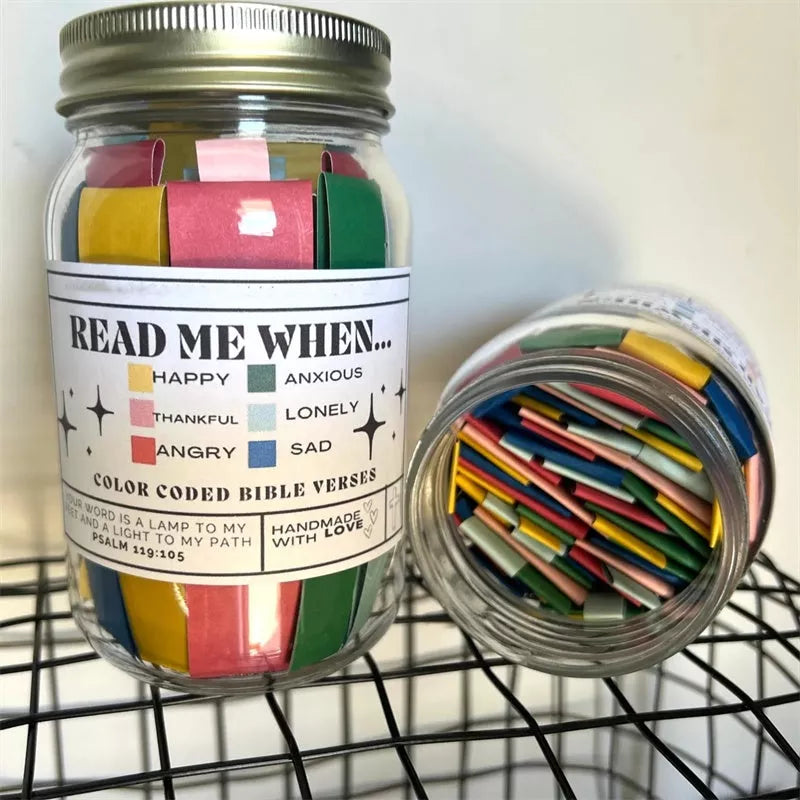 Handmade Bible Verses Jar with 67 color-coded verses for emotional support