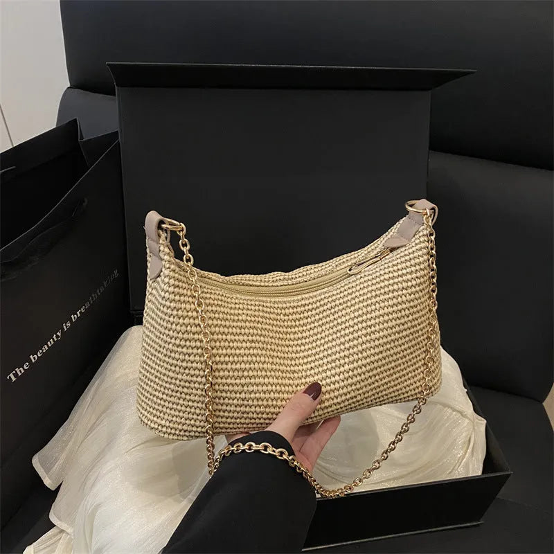 Straw woven beach tote bag with sandwich pockets and mobile phone compartment in khaki colour
