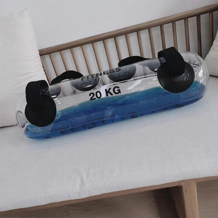Transparent PVC inflatable water weight bag for adjustable strength training from 5kg to 35kg.