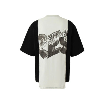 Black and white deconstruction print on a loose fit cotton blend t-shirt for streetwear.