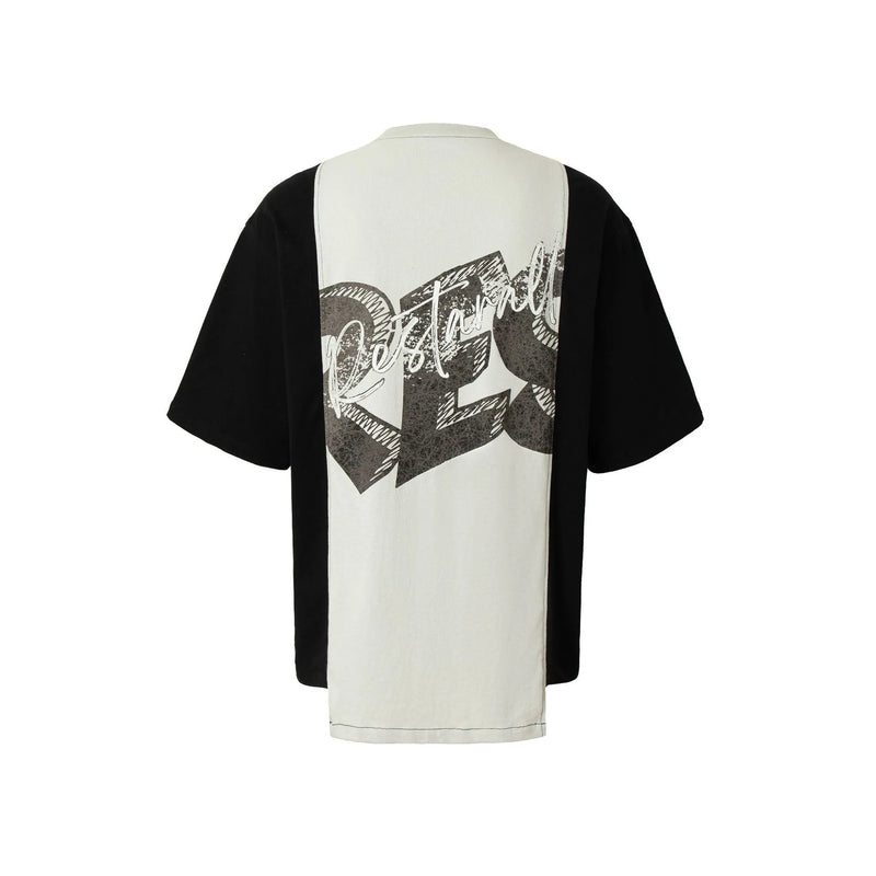 Cotton blend deconstruction printed t-shirt, loose fit short sleeve streetwear top for teenagers, summer casual wear in black and white stitching with graphic collage design, size M L XL XXL in relaxed unisex style