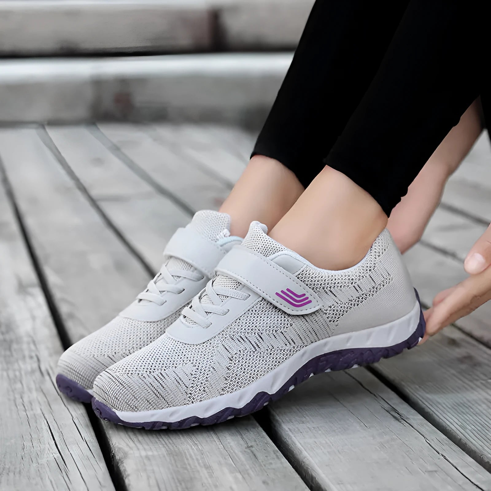 Women's gray purple casual shoes with mesh upper, wedge heel, and Velcro strap.