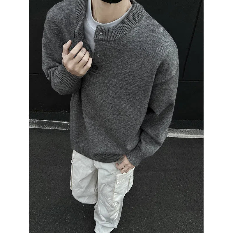 Men's loose fit long sleeve polyester knit sweater pullover in light gray, dark gray, or black, sizes M to XXXL