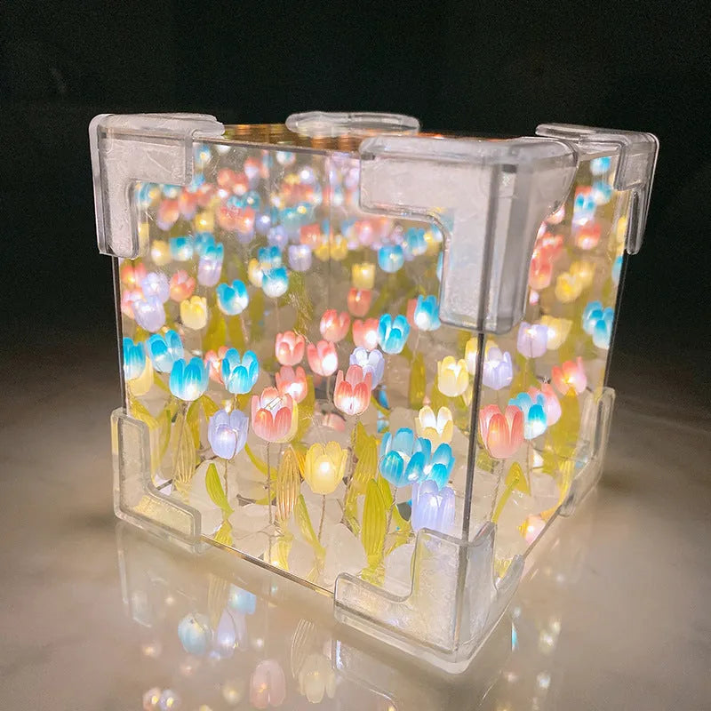 DIY tulip flower night light material pack showing mirror finish components in multiple colours