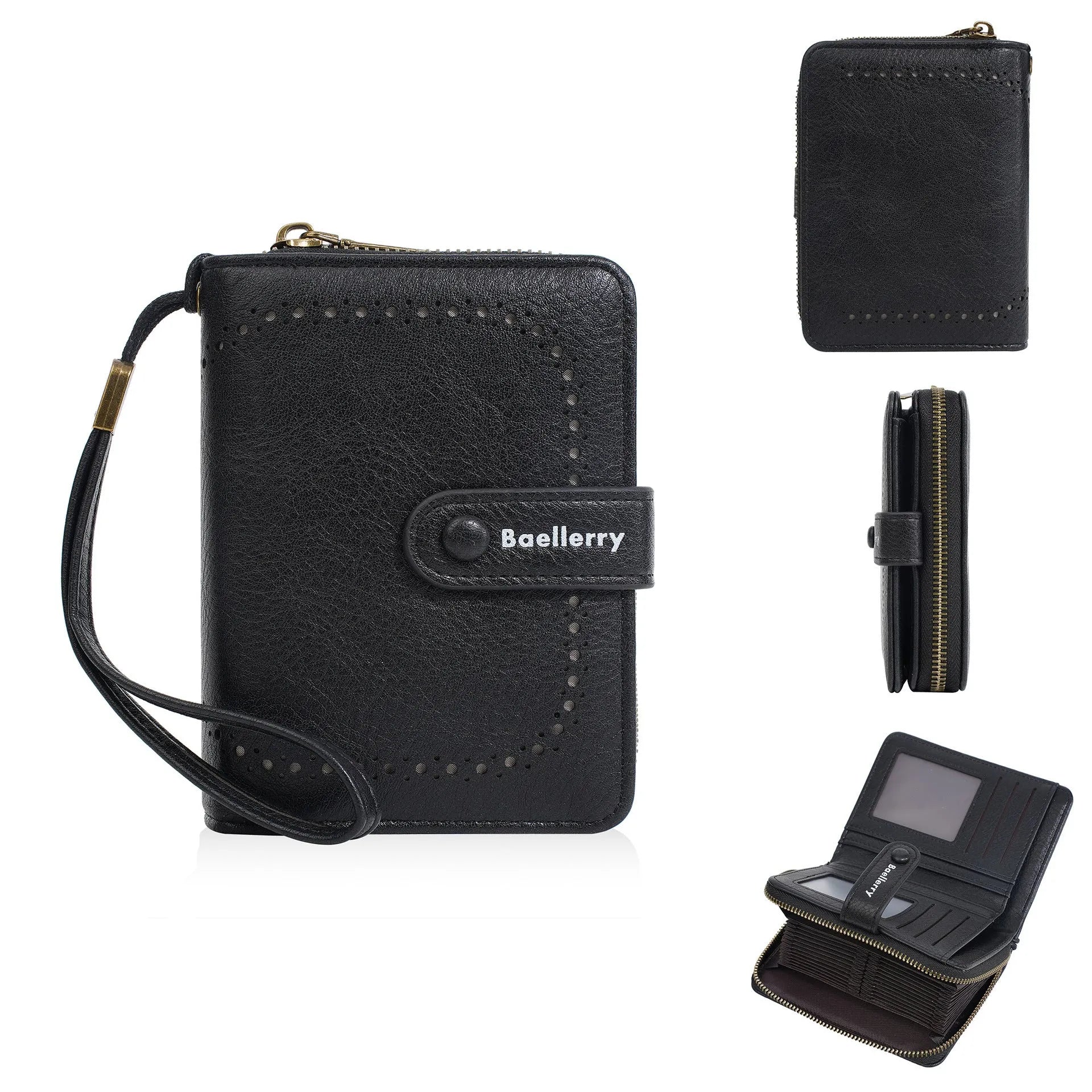 Women's black PU leather zip coin purse wallet with integrated card slots lying flat.