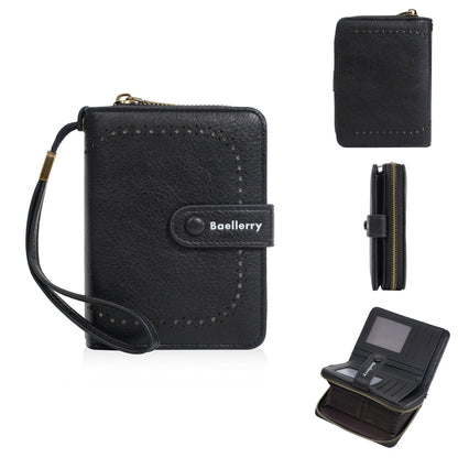 Women's black PU leather zip coin purse wallet with integrated card slots lying flat.