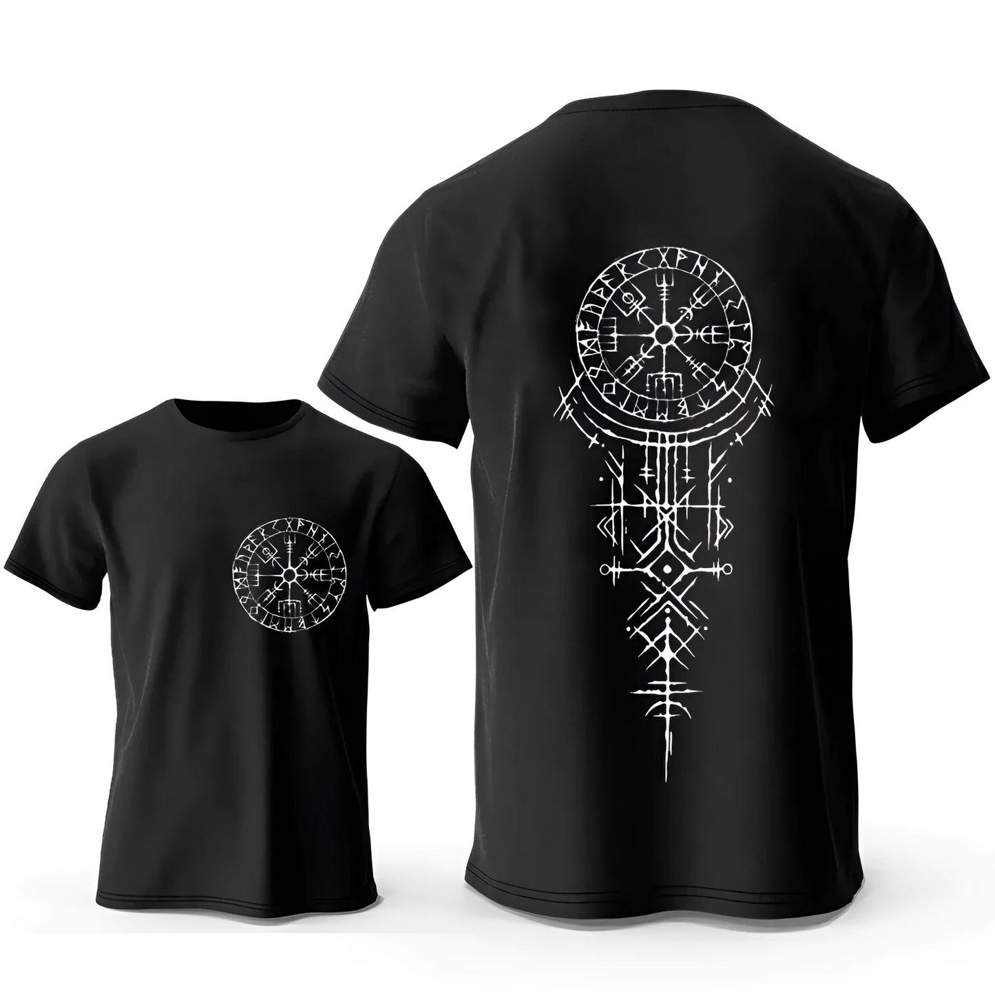 Men's grey cotton T-shirt with a detailed Viking rune compass graphic on the chest.