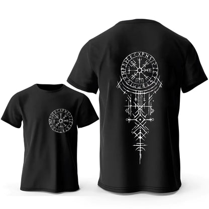 Men's grey cotton T-shirt with a detailed Viking rune compass graphic on the chest.