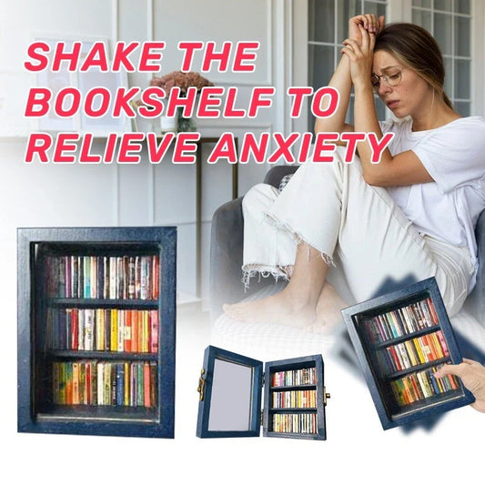 Calming wooden bookshelf ornament with 60 miniature books for stress relief and desktop decor