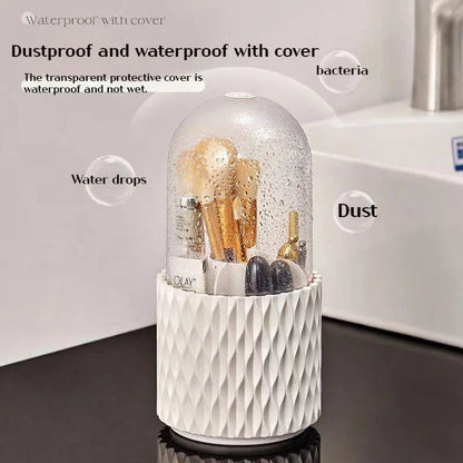 Rotating acrylic makeup brush holder with transparent dust cover for easy access and brush protection