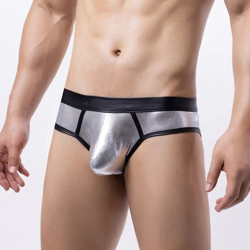 Men's gold silver red patent leather polyester swim briefs low waist body shaping