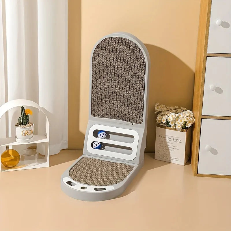 Grey L-shape cat scratching board with sisal surface, shown vertical against a wall.
