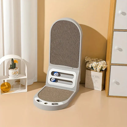 Grey L-shape cat scratching board with sisal surface, shown vertical against a wall.