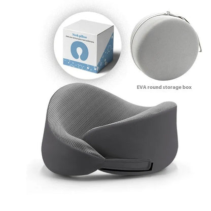 Light grey memory foam U-shaped neck pillow with a magnetic cloth protector.