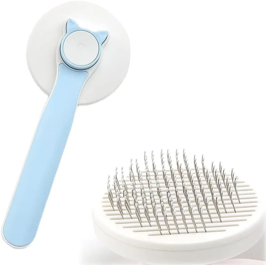 Blue self-cleaning cat brush with rubber-tipped pins and non-slip handle for grooming pets